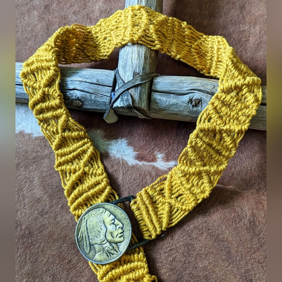 Vintage Boho Western Macrame With Indian Head Buckle Belt - Picture 3 of 10